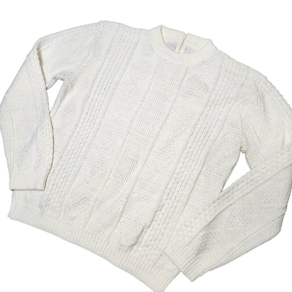 Vintage 60s White Cable Knit Woven Sweater Preppyβ Classic Indie Academia Wool L